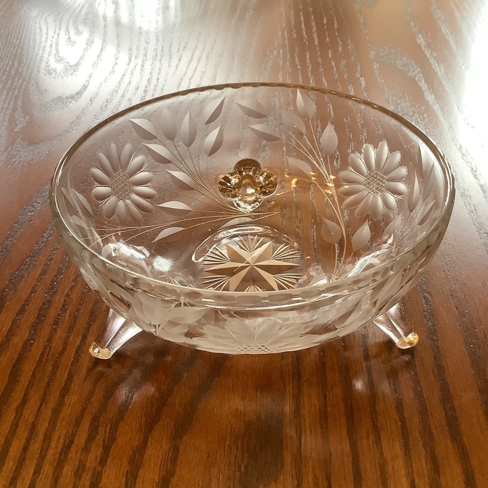 Vintage W J Hughes Cornflower 3 Footed Glass Dish